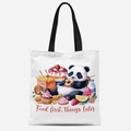 Borsa tote in tela bianca con simpatica stampa panda che mangia ciambelle e slogan - Stile Food First Things Later (FBDT08-4)