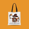 Mini white canvas tote bag with a Halloween skeleton print and black handles - Skull Top Hat Beer Style (FBDT02-23)