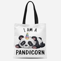 White canvas tote bag featuring cute cartoon panda unicorn print and black fabric handles - Fbdt08-5; 33*39cm; 12 Oz Polyester-cotton Canvas (single-sided Printing)