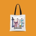 Mini Halloween canvas tote bag in white with colorful LOVE letters and skull graphics - Love Halloween Collage Style (FBDT02-27)
