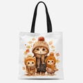 Borsa tote in tela con simpatici gatti e stampa di foglie d'acero autunnali in bianco - Tre Gatti Arancioni e Foglie d'Acero(FBDT21-3)