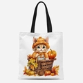 Borsa tote in tela bianca con illustrazione di gatto autunnale, zucche e foglie di acero - Gatto e Cesta di Zucca in Legno(FBDT21-4)