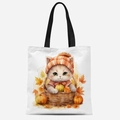Sac fourre-tout en toile blanche avec chaton mignon et citrouilles pour Halloween et l'Automne - Chaton Portant un Bonnet en Maille(FBDT21-5) / 33*39cm