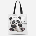 White canvas tote bag featuring a cute panda print and I'M HUNGRY text with black handles - Fbdt08-10; 33*39cm; 12 Oz Polyester-cotton Canvas (single-sided Printing)