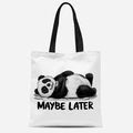 White canvas tote bag with panda print and black straps for daily casual commuting - Maybe Later Style (FBDT08-14)