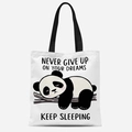 White canvas tote bag with sleeping panda print and Keep Sleeping text with black straps - Never Give Up On Your Dreams Style (FBDT08-16)