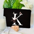 Detailed view of black makeup bag with floral letter K print and silver zipper closure - 21.5x15cm / Letter K (TSND30-K)