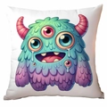 Funda de cojín cuadrada blanca con ilustración de un lindo monstruo en azul y violeta - 45*45cm Peluche Corto Una Cara Sin Núcleo / Monstruo Sonriente de Varios Ojos (CDR370-1)