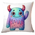 Funda de cojín cuadrado blanco con ilustración colorida de monstruo de dibujos animados - 45*45cm Peluche Corto Una Cara Sin Núcleo / Monstruo Saludando Azul Púrpura (CDR370-2)