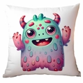 Cojín decorativo cuadrado blanco con estampado de monstruo de dibujos animados - 45*45cm Peluche Corto Una Cara Sin Núcleo / Monstruo Riendo Cian Púrpura (CDR370-3)