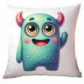 Cute blue cartoon monster cushion cover on white fabric with waving hand design - 45*45cm Short Plush Single Sided Without Core / Cyan Blue Waving Monster (CDR370-7)