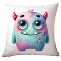 Cartoon monster pillowcase in white polyester featuring a colorful watercolor creature print - 45*45cm Short Plush Single Sided Without Core / Blue Pink Purple Big Eye Monster (CDR370-8)