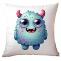 Square pillowcase featuring a cute blue cartoon monster with purple eyes on white fabric - 45*45cm Short Plush Single Sided Without Core / Smiling Three-Eyed Blue Purple Monster (CDR370-13)