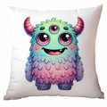 Square cushion cover featuring a colorful 3-eyed monster on white fabric texture - 45*45cm Short Plush Single Sided Without Core / Pink Three-Eyed Blue Purple Monster (CDR370-17)