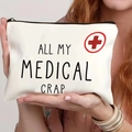 Canvas makeup bag in beige with 'ALL MY MEDICAL CRAP' print and medical icon - Medical Humor Theme (THZB14-3)