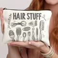 Canvas hair stuff makeup bag in cream white with black zipper and tool pattern - Hair Tools Theme (THZB14-4)