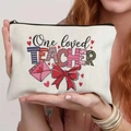 Canvas makeup bag with 'One loved TEACHER' flower print and heart designs - One Loved Teacher Print (TSND25-6) / 21.5*15cm