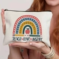 Floral print teacher appreciation makeup bag with Teach Love Inspire text in beige - Teach Love Inspire Rainbow (TSND25-9) / 21.5*15cm