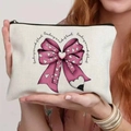 Canvas travel makeup bag for teachers with pink bow design and Teaching is a work of heart - Teaching is a Work of Heart Bow (TSND25-10) / 21.5*15cm