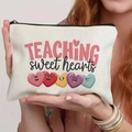 Off-white canvas teacher gift makeup bag with pink Teaching Sweet Hearts print - Teaching Sweet Hearts Print (TSND25-17) / 21.5*15cm