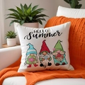 Detail view of summer gnome linen pillowcase with Hello Summer text on white sofa - 45x45cm / Cartoon Gnome Pattern (SP007-1) / Single Side Printing Without Core