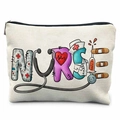 Detailed macro view of cream canvas nurse makeup bag with colorful medical themed illustrations - Nurse Medical Creative Lettering (TSND37-37)