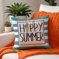 Linen summer pillow cover with blue white stripes and happy summer ice cream print - 45x45cm / Striped Ice Cream Pattern (SP007-3) / Single Side Printing Without Core