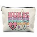 Detailed macro view of canvas nurse cosmetic bag with stethoscope heart print and metal zipper - Retro Nurse Art Lettering (TSND37-32)