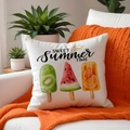 Detail of linen pillowcase with watercolor fruit popsicles and Sweet Summer Time text - 45x45cm / Sweet Summer Fruit Popsicle Pattern (SP007-4) / Single Side Printing Without Core