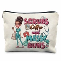 Detail of canvas nurse makeup bag with 'SCRUBS Coffee and MESSY BUNS' print and zipper - Nurse Coffee Quote (TSND37-23)