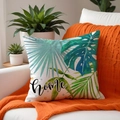 Detailed view of home printed pillowcase with tropical monstera leaf on a cozy white sofa - Home Letter Style (SP005-1) / 45*45cm Single Side Print Without Core