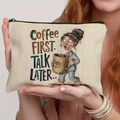 Canvas makeup bag with 'Coffee FIRST' cartoon design and black zipper closure - 21.5x15cm / Coffee First (THZB18-5)