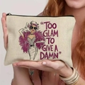 Beige linen cosmetic bag with 'TOO GLAM TO GIVE A DAMN' print and black zipper - 21.5x15cm / Too Glam (THZB18-10)