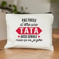 White canvas cosmetic bag with black zipper and TATA letter print for women - Humorous Aunt Print (TSND28-5) / 21.5*15cm