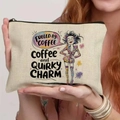 Canvas makeup bag with funny cartoon illustration and Fueled by Coffee quote - 21.5x15cm / Quirky Charm (THZB18-12)