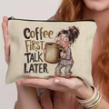 Canvas makeup bag with Coffee FIRST TALK LATER print and black zipper closure - 21.5x15cm / Coffee First Talk Later (THZB18-13)