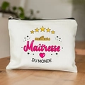 White canvas pouch featuring Meilleure Maîtresse DU MONDE print and black zipper - Best Teacher In The World Print (TSND28-10) / 21.5*15cm
