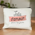 Beige canvas makeup bag featuring pink Tata d'amour pour toujours print and heart details - Dear Aunt Forever Print (TSND28-12) / 21.5*15cm