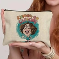 Beige linen cosmetic bag featuring a Running on Caffeine cartoon design with black zipper - 21.5x15cm / Running on Caffeine (THZB18-16)
