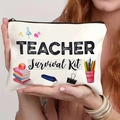 Borsa per cosmetici in tela avorio per insegnanti con illustrazioni e cerniera lampo - Teacher Survival Kit Disegnato a Mano (THZB14-37)