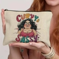 Beige canvas makeup bag with Curvy & Sassy cartoon print and durable zipper closure - 21.5x15cm / Curvy & Sassy (THZB18-18)