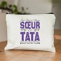 White canvas makeup bag with purple French letter print on a rustic wood background - Dual Identity Praise Print (TSND28-18) / 21.5*15cm