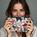 Canvas makeup bag with patriotic dog prints and American flag motifs held by a model - Beige Multi-Dog Silhouettes Pattern (TSND45-3) / 21.5x15cm