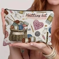 Detail of vintage canvas knitting kit bag featuring hand-drawn needlework print and zipper - Knitting Tools Theme (TSND49-1) / 21.5*15cm