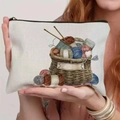 Close-up of durable canvas pouch showing colorful knitting basket print and zipper - Yarn Basket Theme (TSND49-2) / 21.5*15cm