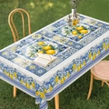 Detail of Mediterranean tablecloth with yellow lemons and blue mosaic tile patterns - Brushed Fabric / 40x60cm