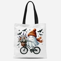 Sac fourre-tout en toile blanche avec fantôme mignon à vélo et fleurs colorées - Motif Fantôme à Vélo (FBDT03-4)