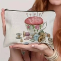 Vintage sewing kit pattern canvas pouch with zipper, held by hands in a studio setting - Retro Sewing Painting (TSND49-6) / 21.5*15cm