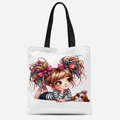Sac fourre-tout en toile blanche avec illustration de fille mignonne et anses noires - Fille aux Tresses Arc-en-ciel avec Chien Brun (FBDT30-2)