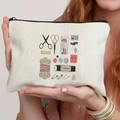 Detail of rectangular canvas sewing kit pouch with vintage handmade print held by hand - Warm Sewing Print (TSND49-8) / 21.5*15cm